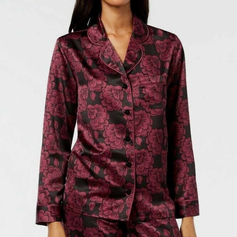 Alfani sz L Notch Collar Burgundy and Black Button Down Floral Satin Pajama Top